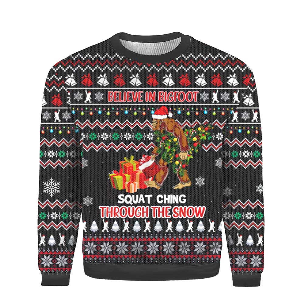 Believe In Bigfoot Squat Ching Through The Snow Sweater Believe In Bigfoot Squat Ching Through The Snow Sweater