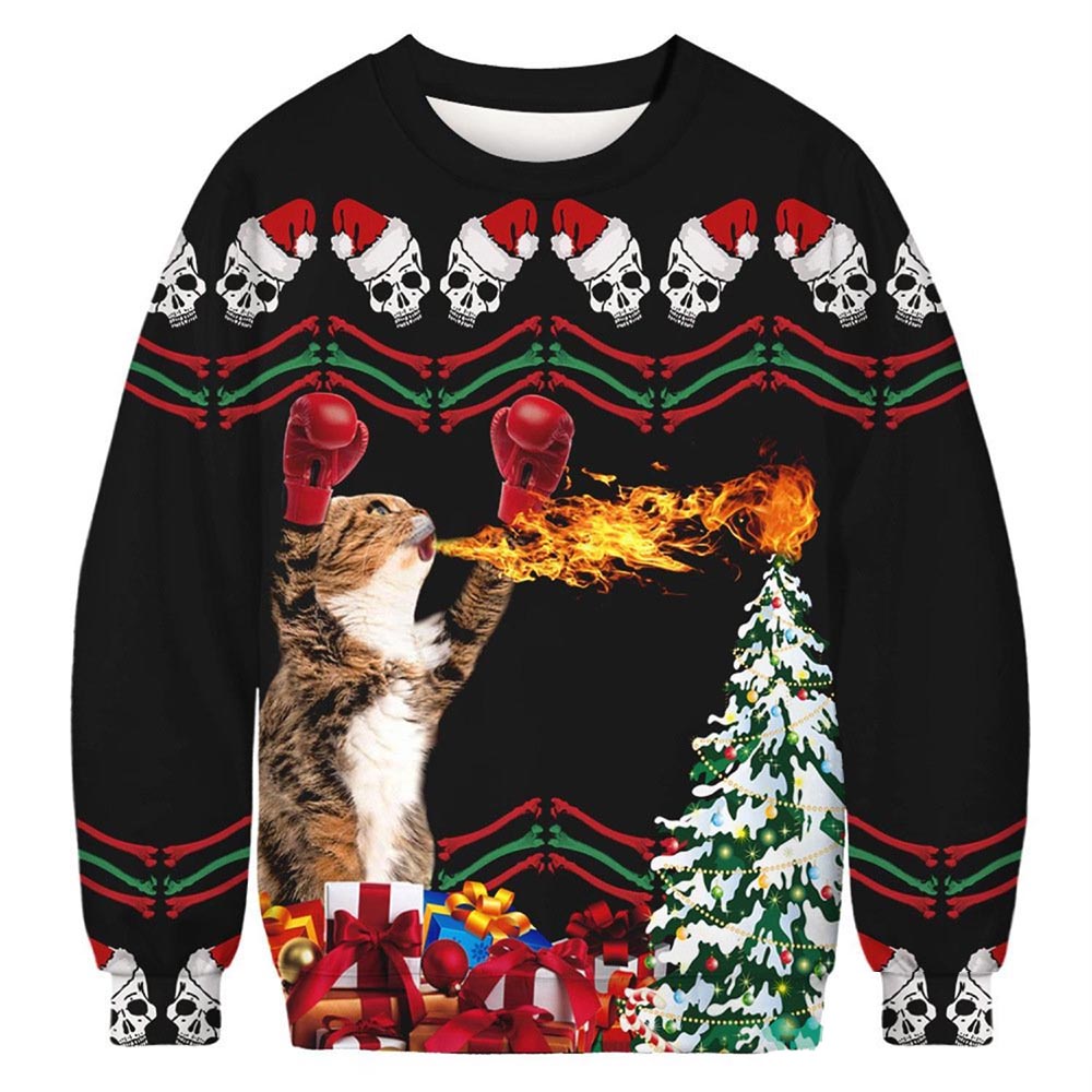 Boxing Cat And Fire Ugly Christmas Sweater Boxing Cat And Fire Ugly Christmas Sweater