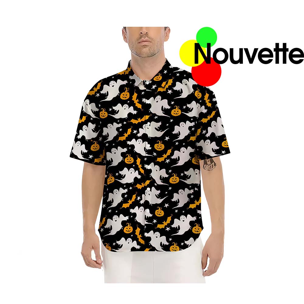 Ghost With Bat And Pumpkin Black Halloween Hawaiian Shirt