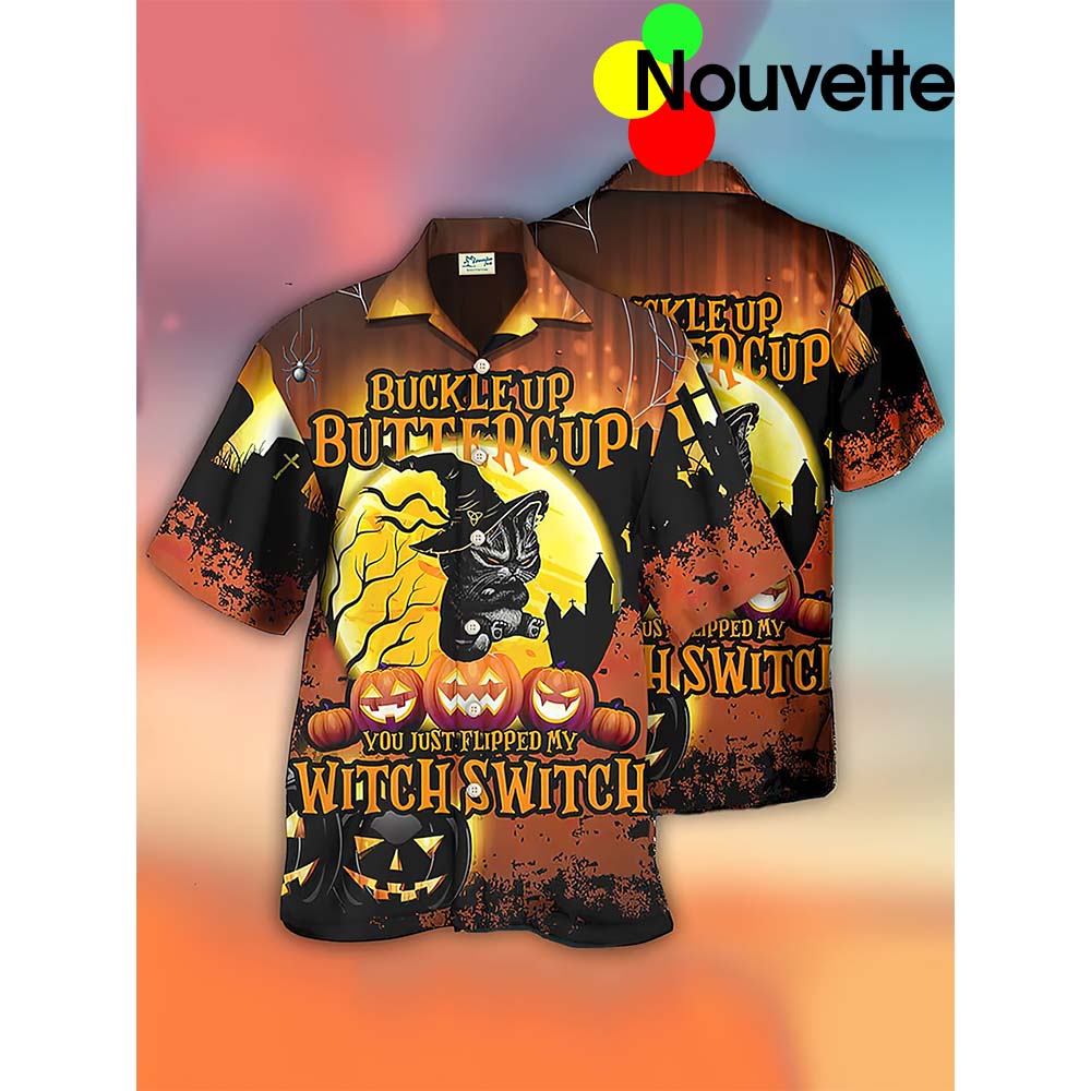 Black Cat Buttercup You Just Flipped My Witch Switch Halloween Hawaiian Shirt