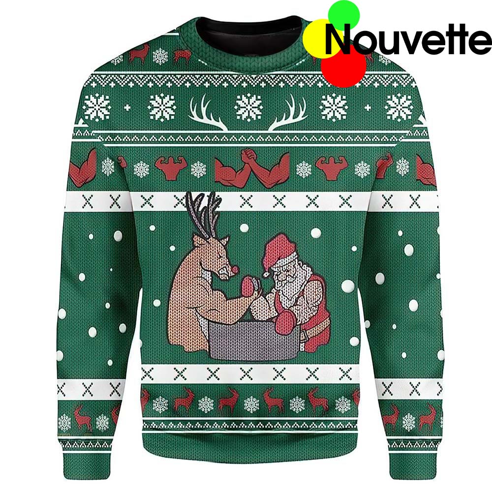 Reindeer Arm Wrestling Santa Claus Christmas Sweater Reindeer Arm Wrestling Santa Claus Christmas Sweater