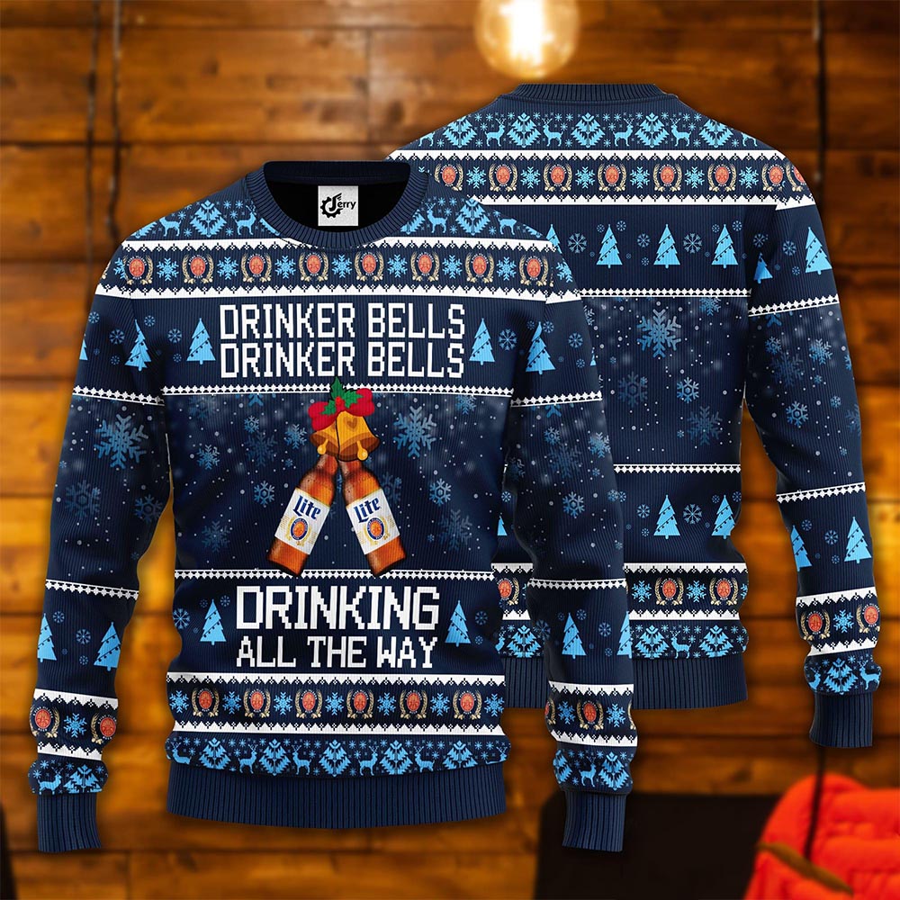 Lite Drinker Bells Drinking All The Way Ugly Christmas Sweater Lite Drinker Bells Drinking All The Way Ugly Christmas Sweater