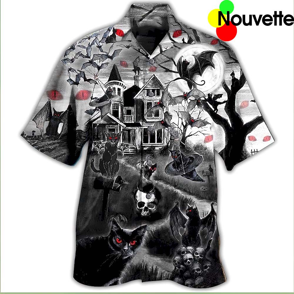 Black Cat Flying Horror Night Halloween Hawaiian Shirt Black Cat Flying Horror Night Halloween Hawaiian Shirt
