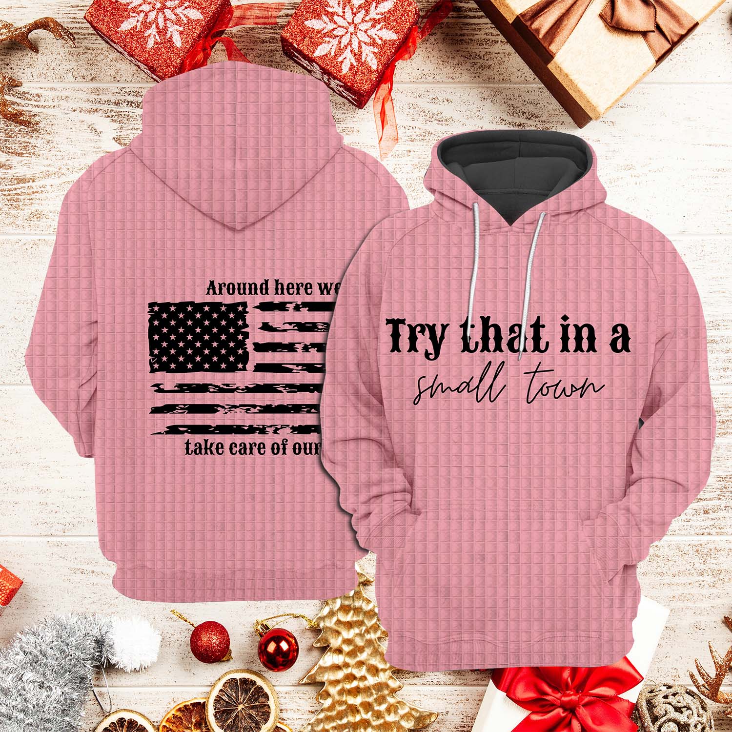 Try That In A Small Town Flag Print Waffle Hoodie Try That In A Small Town Flag Print Waffle Hoodie