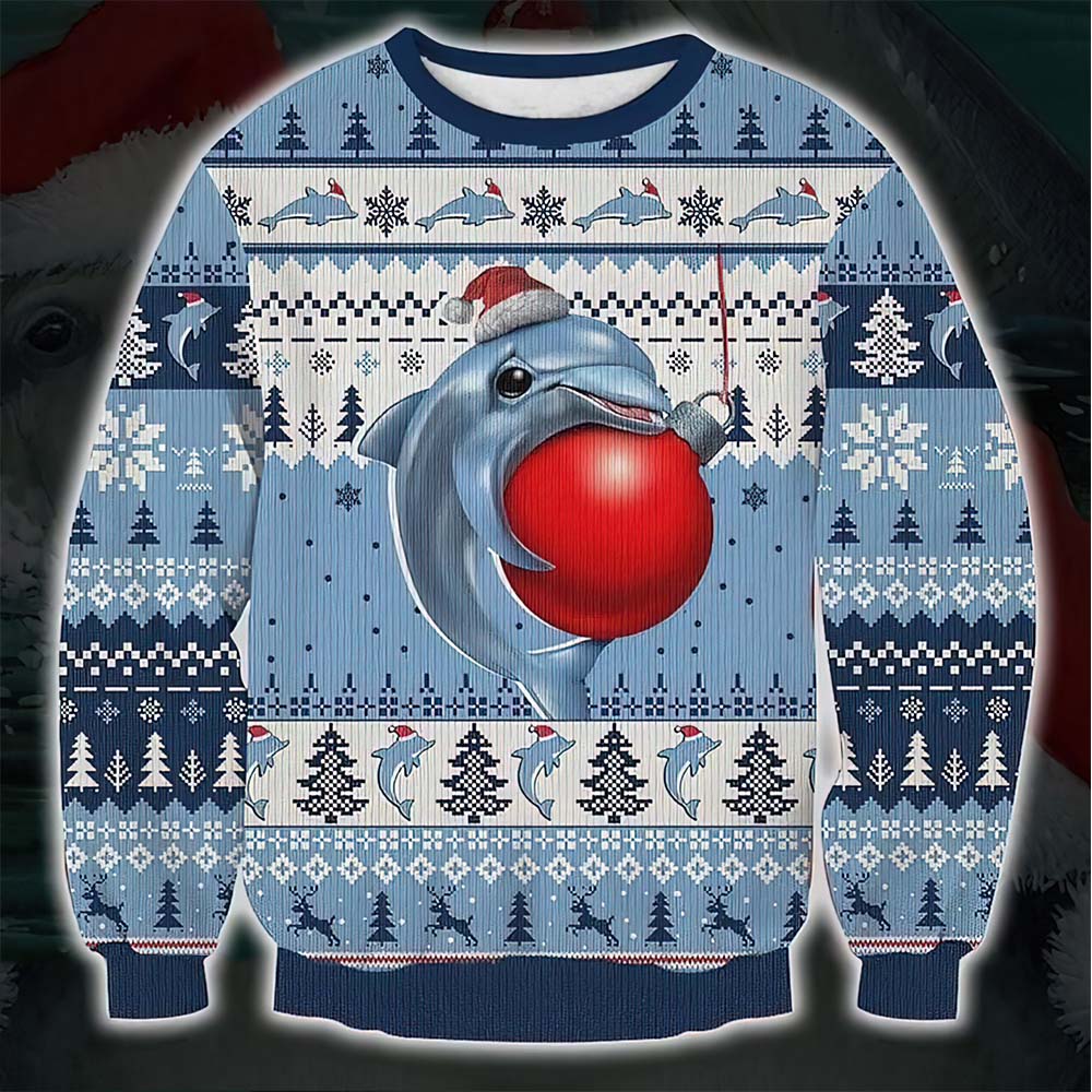 Lovely Dolphin With Red Ball Christmas Sweater Lovely Dolphin With Red Ball Christmas Sweater