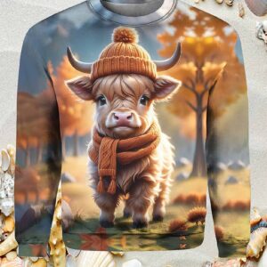 Cute Adorable Baby Highland Cow Print Crew Neck Shirt