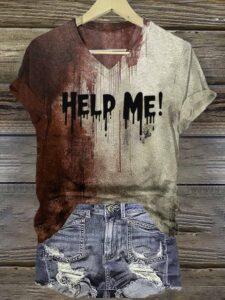 Bloody Help Me Halloween Print V Neck T Shirt Bloody Help Me Halloween Print V Neck T Shirt