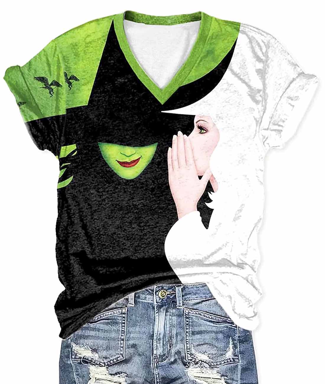 Retro Witch Poster Print V Neck Hallowene Shirt Retro Witch Poster Print V Neck Halloween Shirt
