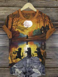 Women Funny Witch Working Cat Print Shirt