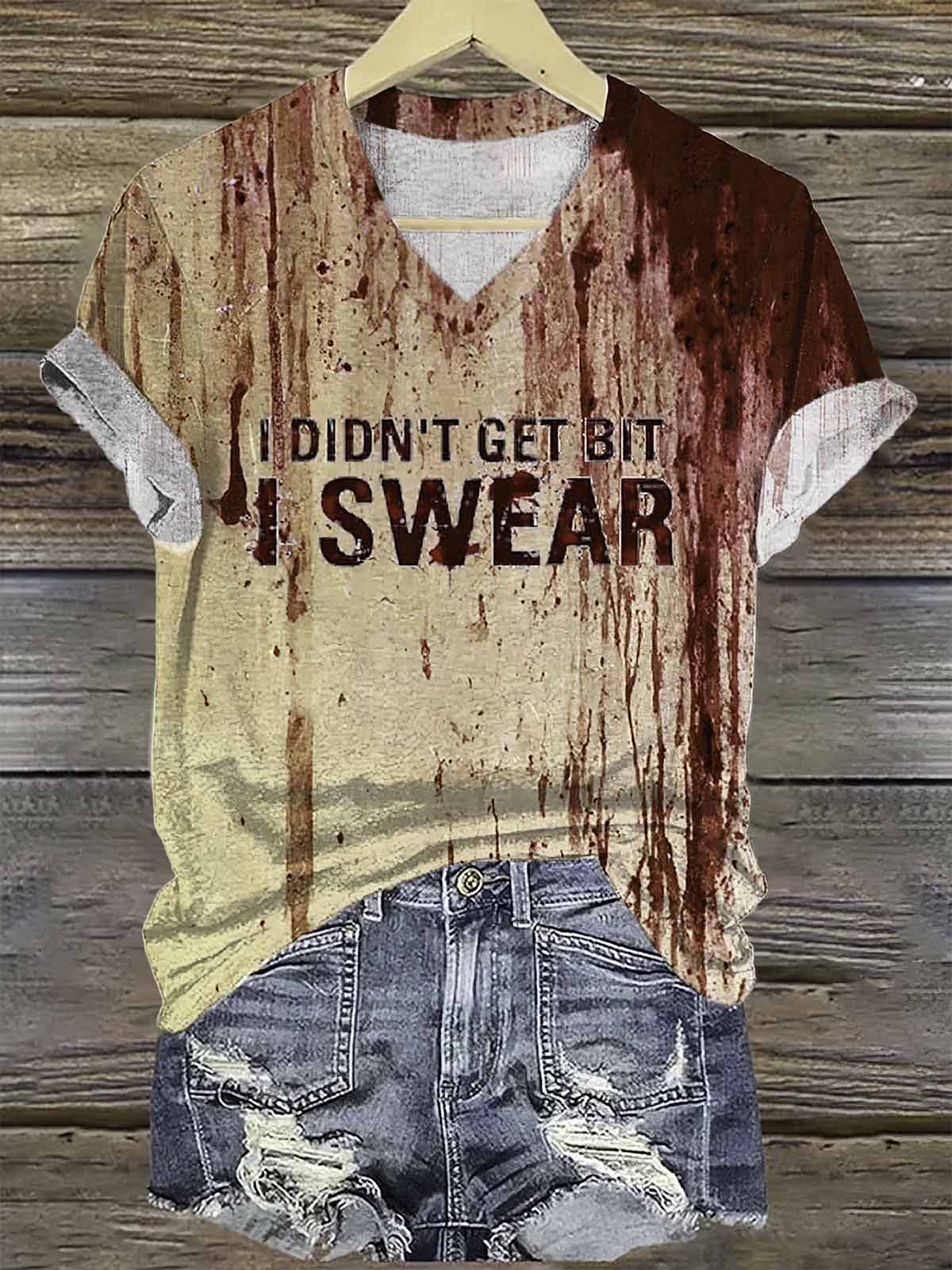 Women's Blood I Didn't Get Bit I Swear Halloween Print Shirt Womens Blood I Didnt Get Bit I Swear Halloween Print Shirt