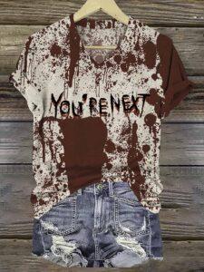Women’s Halloween Blood Infected Print Crew Neck Shirt