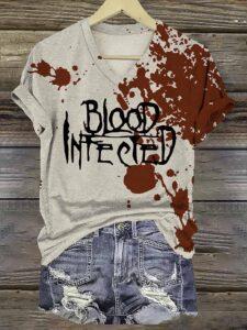 Women’s Halloween Blood Infected Print Crew Neck Shirt