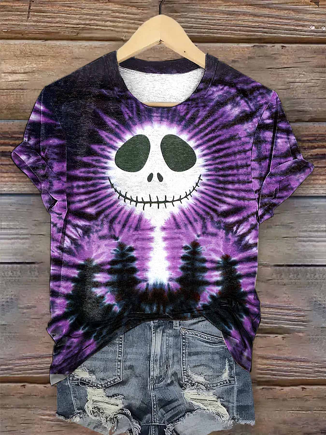 Women's Halloween Tie Dye Skeleton Print Shirt Women's Halloween Tie Dye Skeleton Print Shirt
