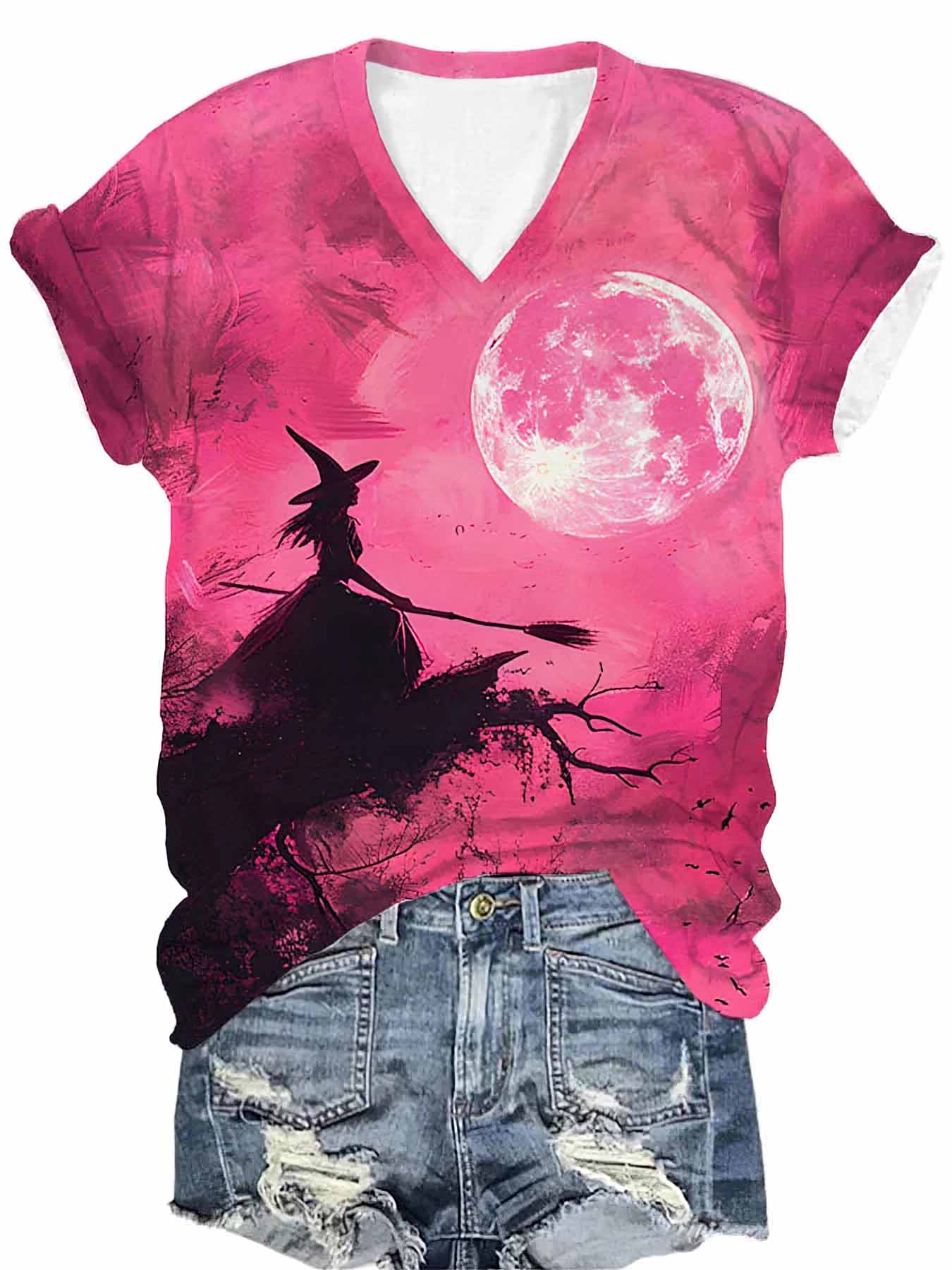 Women's Witch Pink Moon Print Shirt Women's Witch Pink Moon Print Shirt