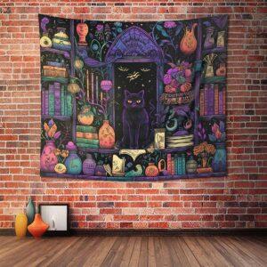 Black Cat Library Halloween Wall Tapestry