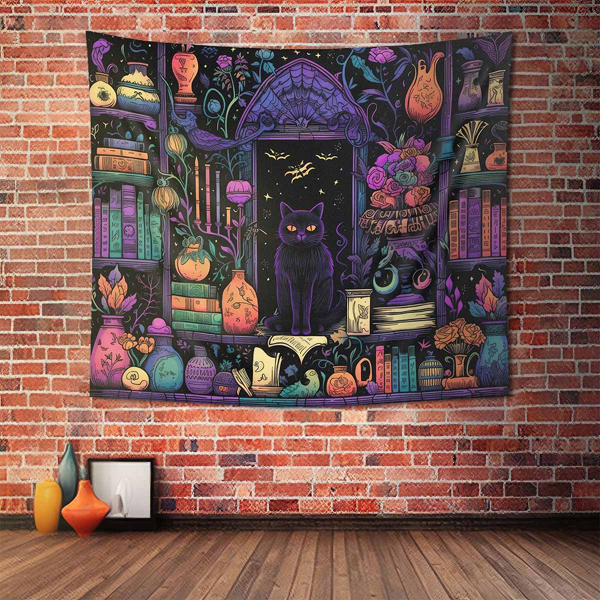 Black Cat Library Halloween Wall Tapestry Black Cat Library Halloween Wall Tapestry