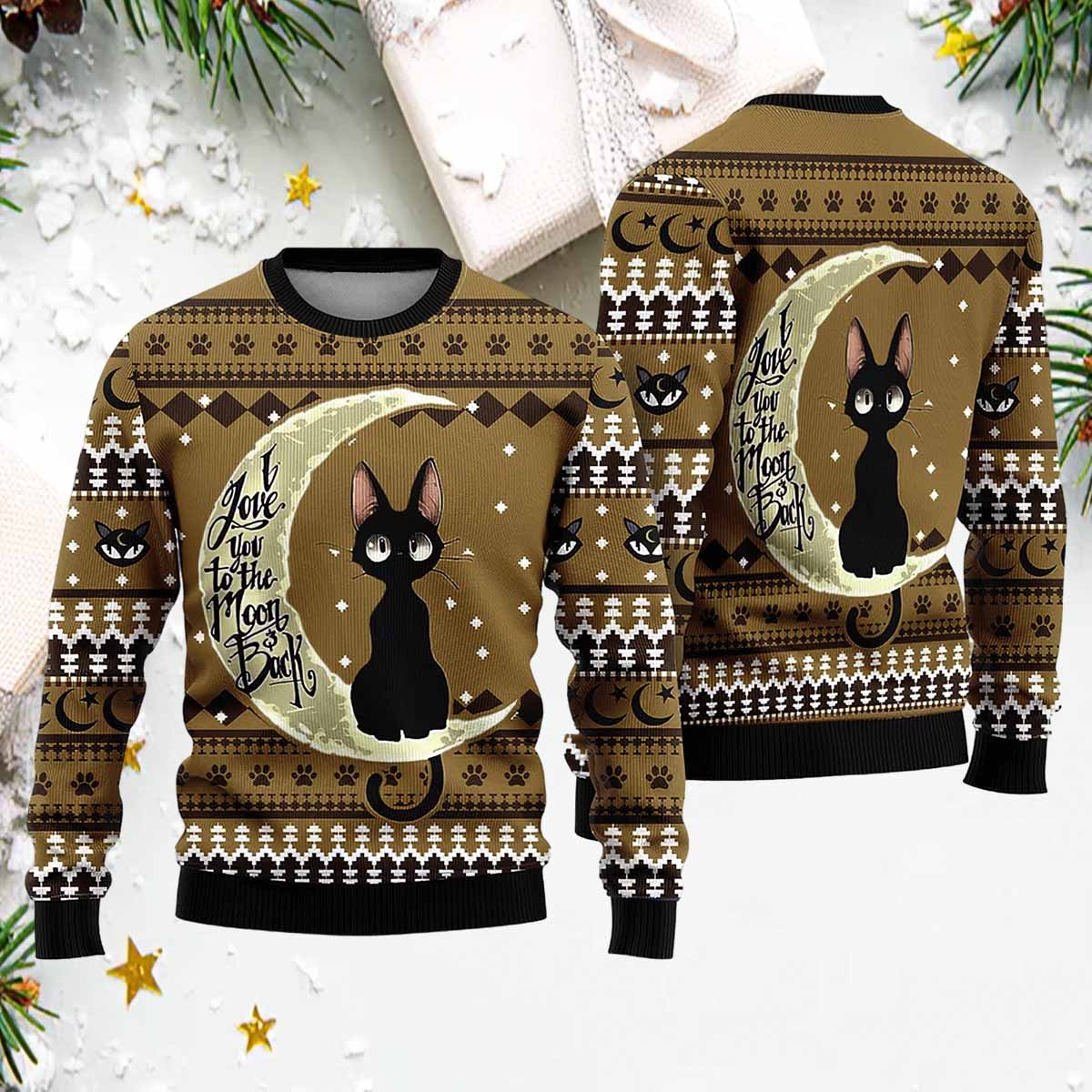 Black Cat Moon And Back Ugly Christmas Sweater Black Cat Moon And Back Ugly Christmas Sweater