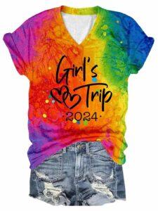 Girl’s Trip 2024 Tie dye Print V neck T shirt