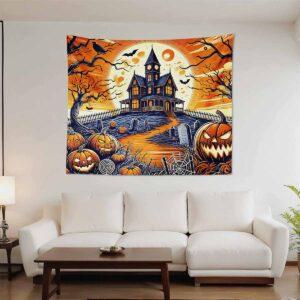 Halloween Pumpkin Castle Tapestry