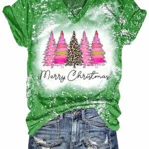Merry Christmas Pine Tree Print T Shirt