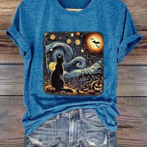 Retro Halloween Van Gogh Starry Night Cat Pumpkins Print Shirt 2 Retro Halloween Van Gogh Starry Night Cat Pumpkins Print Shirt