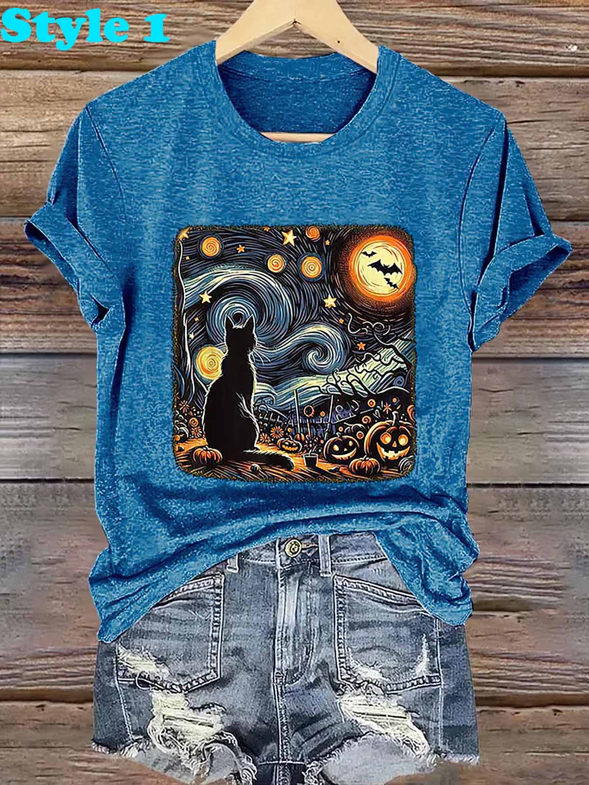 Retro Halloween Van Gogh Starry Night Cat Pumpkins Print Shirt Retro Halloween Van Gogh Starry Night Cat Pumpkins Print Shirt