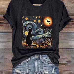 Retro Halloween Van Gogh Starry Night Cat Pumpkins Print Shirt 3 Retro Halloween Van Gogh Starry Night Cat Pumpkins Print Shirt