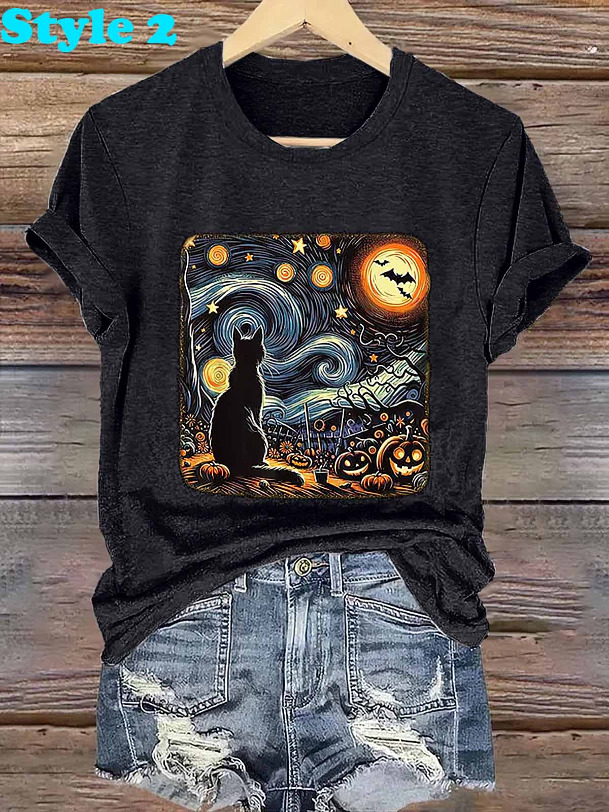 Retro Halloween Van Gogh Starry Night Cat Pumpkins Print Shirt Retro Halloween Van Gogh Starry Night Cat Pumpkins Print Shirt