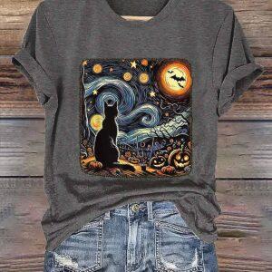 Retro Halloween Van Gogh Starry Night Cat Pumpkins Print Shirt 1 Retro Halloween Van Gogh Starry Night Cat Pumpkins Print Shirt