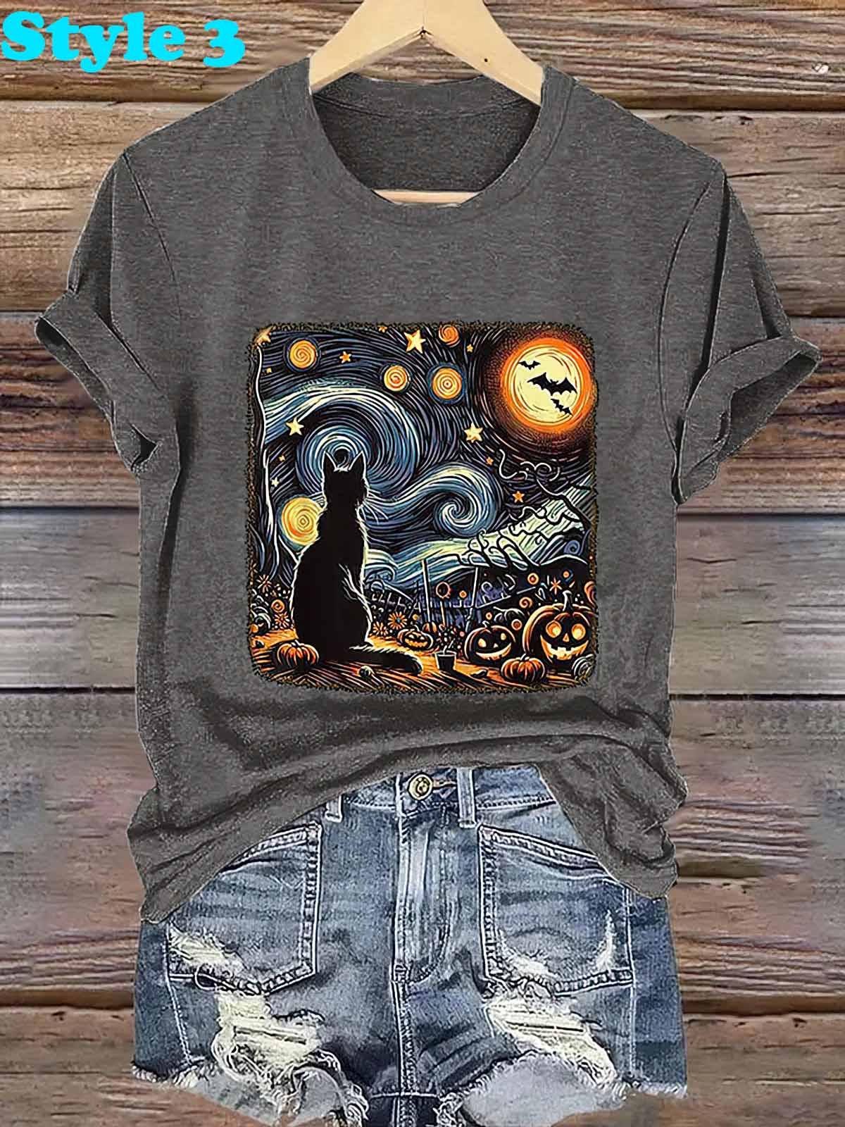 Retro Halloween Van Gogh Starry Night Cat Pumpkins Print Shirt Retro Halloween Van Gogh Starry Night Cat Pumpkins Print Shirt