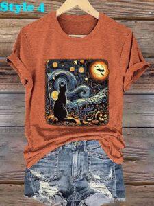 Retro Halloween Van Gogh Starry Night Cat Pumpkins Print Shirt