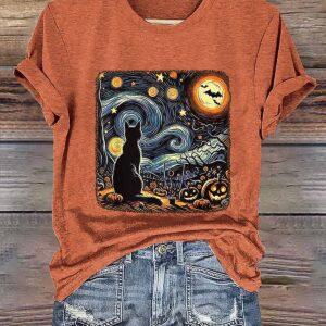 Retro Halloween Van Gogh Starry Night Cat Pumpkins Print Shirt