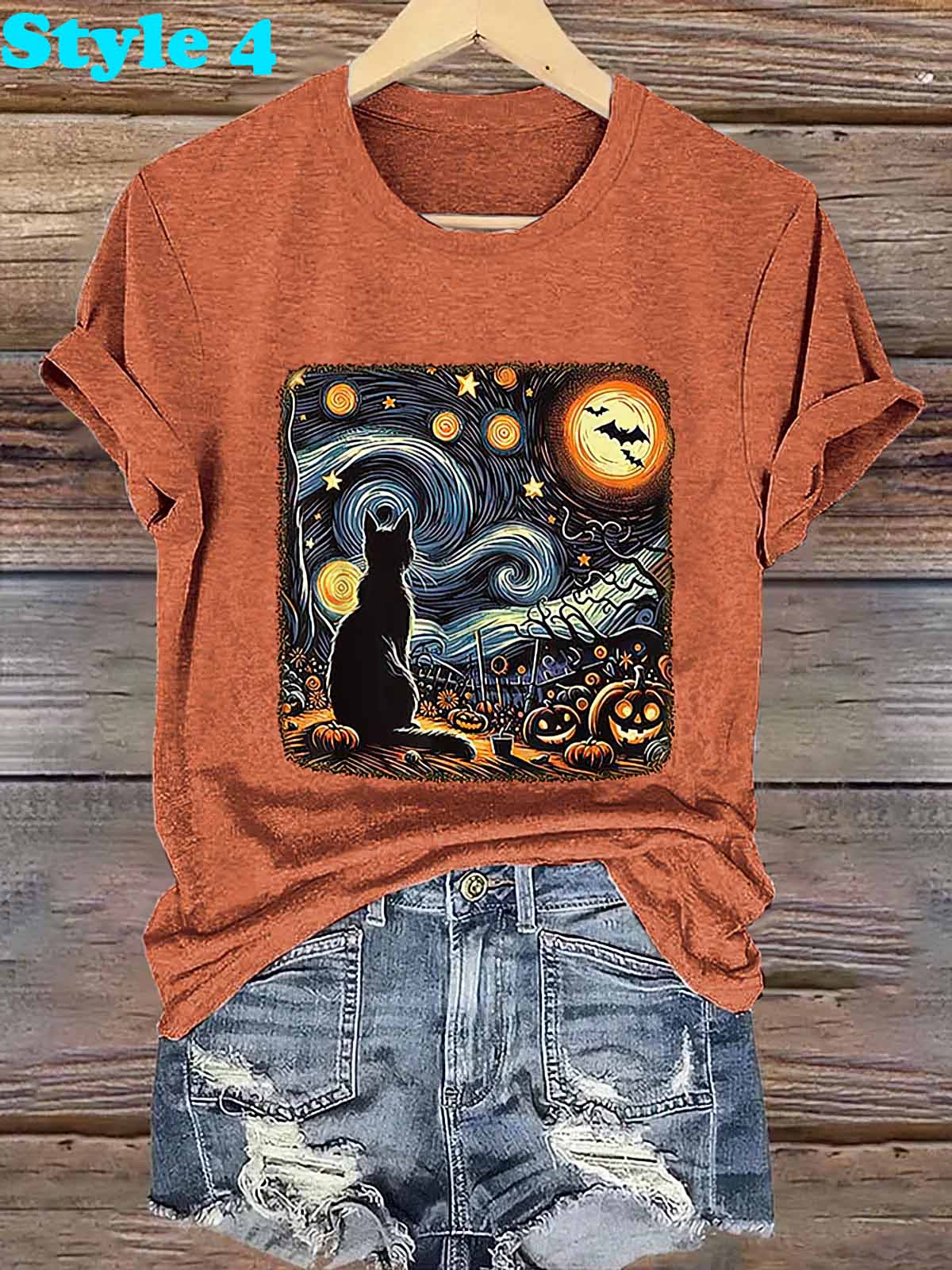 Retro Halloween Van Gogh Starry Night Cat Pumpkins Print Shirt Retro Halloween Van Gogh Starry Night Cat Pumpkins Print Shirt