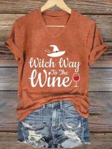 Witch Way To The Wine Halloween V neck Shirt Witch Way To The Wine Halloween V neck Shirt