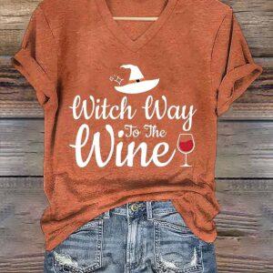 Witch Way To The Wine Halloween V neck Shirt