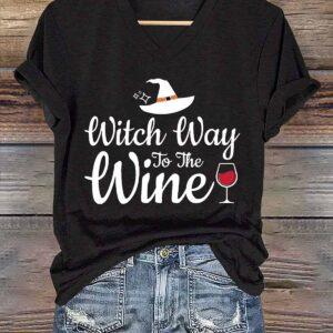 Witch Way To The Wine Halloween V neck Shirt