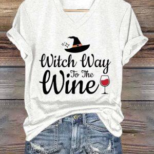 Witch Way To The Wine Halloween V neck Shirt