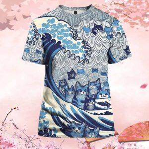 Women's Blue Waves And Cats Print V Neck T Shirt