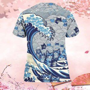 Women's Blue Waves And Cats Print V Neck T Shirt