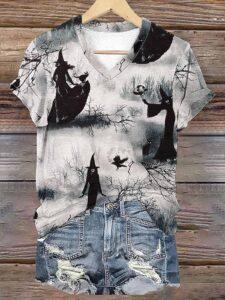 Women’s Halloween Beautiful Witches With Cats And Ravens In The Forest Print V Neck Shirt