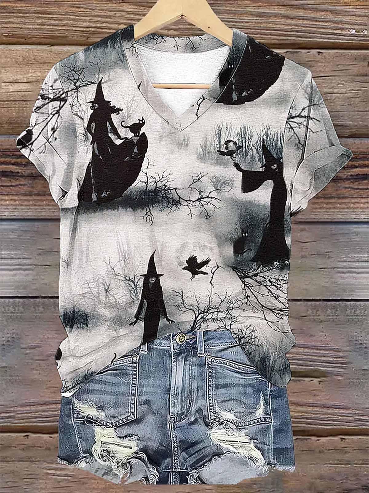 Women's Halloween Beautiful Witches With Cats And Ravens In The Forest Print V Neck Shirt Women's Halloween Beautiful Witches With Cats And Ravens In The Forest Print V Neck Shirt