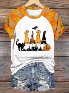 Women’s Halloween Fall Gnome Print T-Shirt Women’s Halloween Fall Gnome Print T-Shirt