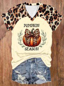 Women’s Halloween Pumpkin Print Casual V-Neck T-Shirt