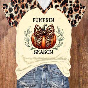 Women’s Halloween Pumpkin Print Casual V-Neck T-Shirt