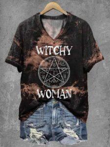 Women’s Halloween Witchy Woman Print V-Neck Shirt Women’s Halloween Witchy Woman Print V-Neck Shirt