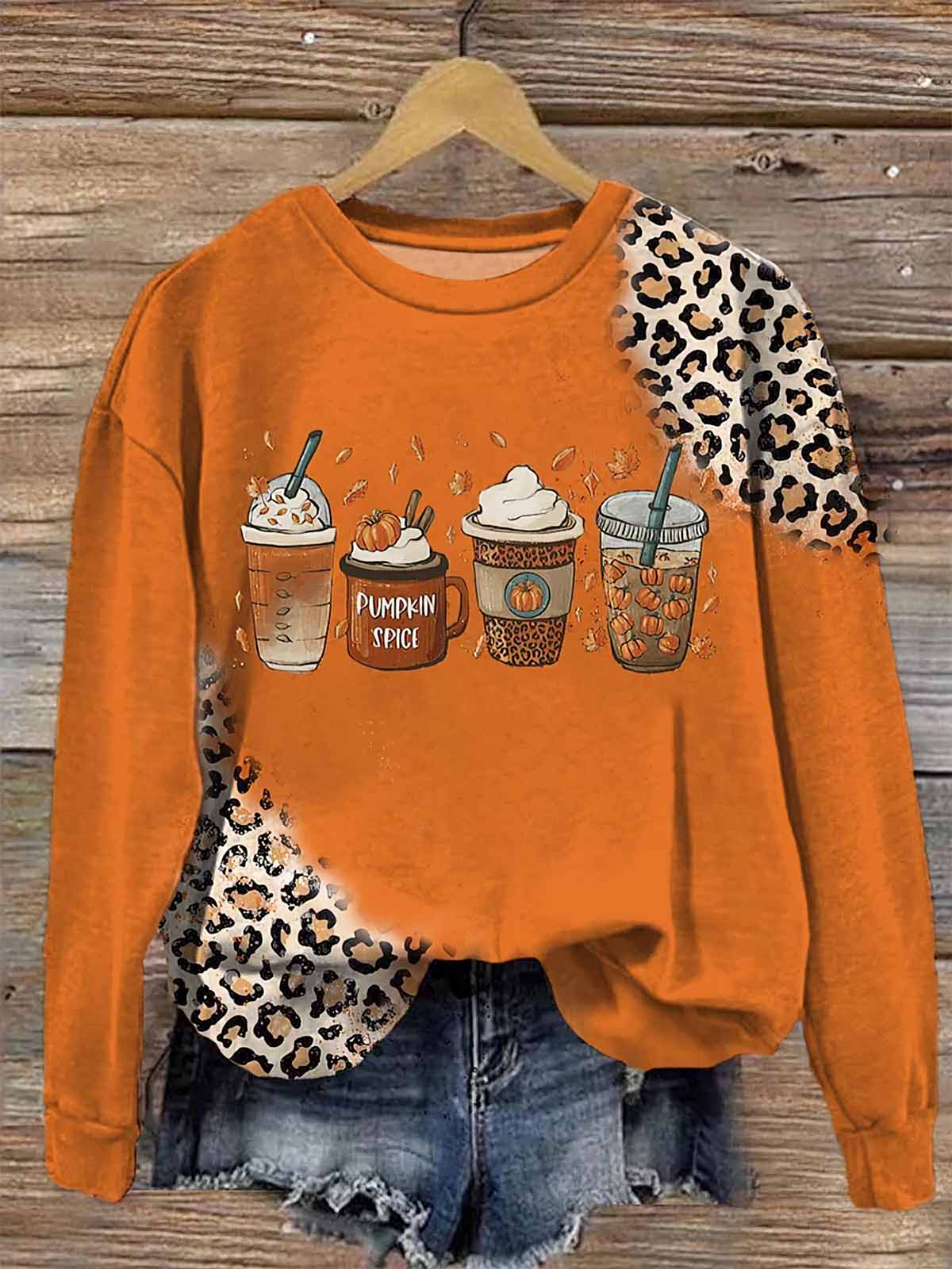 Women's Leopard Fall Pumpkin Spice Coffee Printed Shirt Women's Leopard Fall Pumpkin Spice Coffee Printed Shirt
