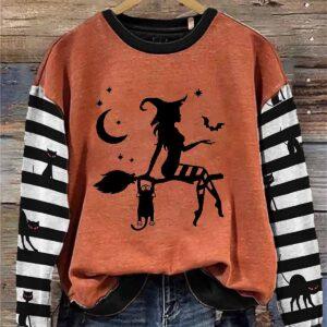 Women’s Witch And Cat Print Crew Neck Sweatshirt