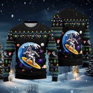 Astronauts Surf On A Surfboard In Space Ugly Christmas Sweater