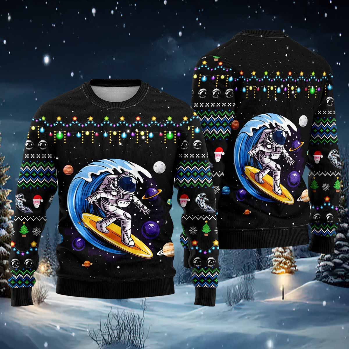 Astronauts Surf On A Surfboard In Space Ugly Christmas Sweater Astronauts Surf On A Surfboard In Space Ugly Christmas Sweater