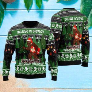 Believe In Bigfoot Squatching Through The Snow Christmas Sweater